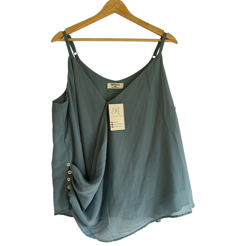 Zenana Womens 2X Draped Surplice Button Camisole Tank Top Dusty Blue QT-2642XBA